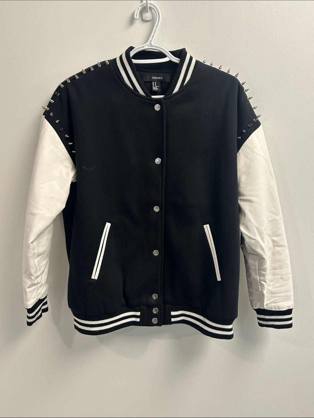 Forever 21 Black and White Studded Varsity Jacket with Faux Leather Sleeves
